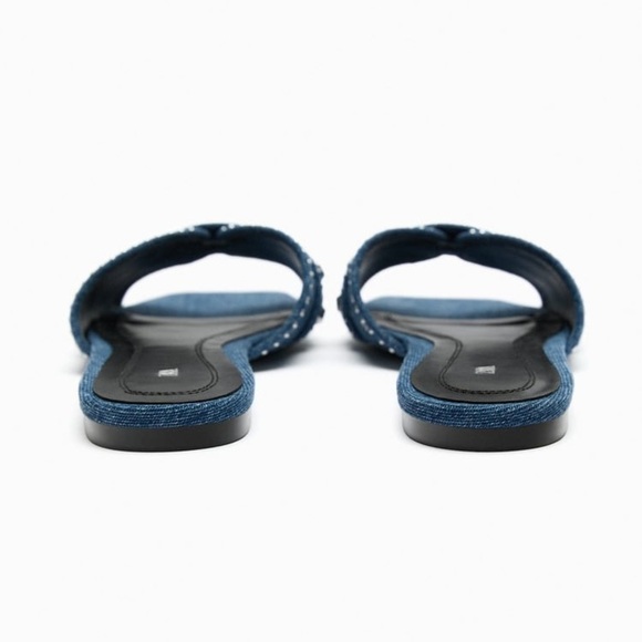 NWT. Zara Denim Blue Flat Slider Sandals with Studs. Size 10. - Picture 6 of 8